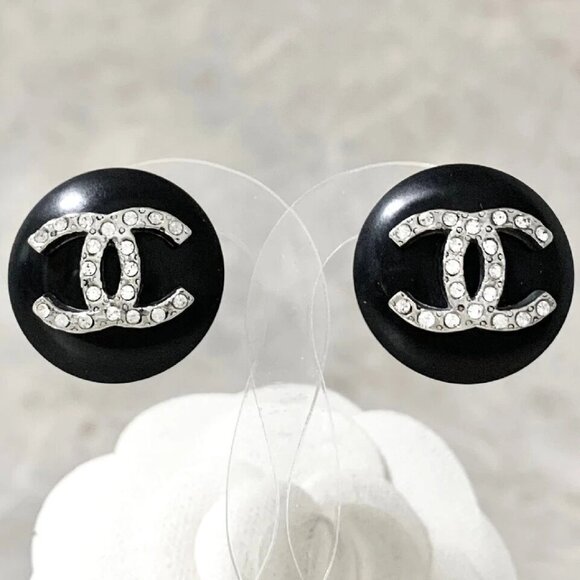 CHANEL CC Logos Rhinestone Black Round Earrings Silver Tone 96A Auth #9537